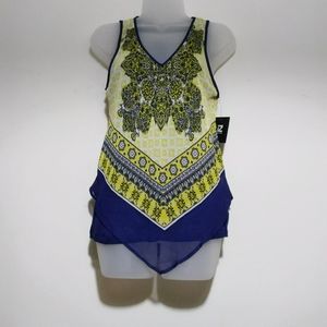Women's IZ Byer blue and yellow sleeveless blouse